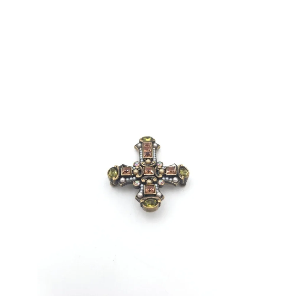 Vintage Jay Strongwater Swarovski Crystal Faux Pearl Green Cross Brooch Pin Y2k
